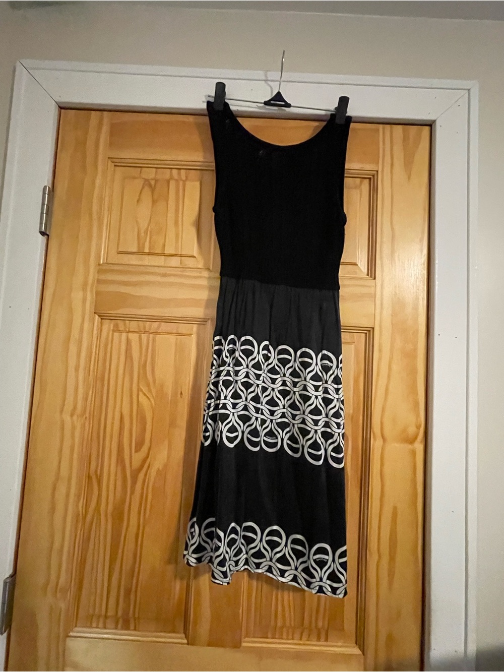 bebe Black Midi Dress with White Geometric Ring Print